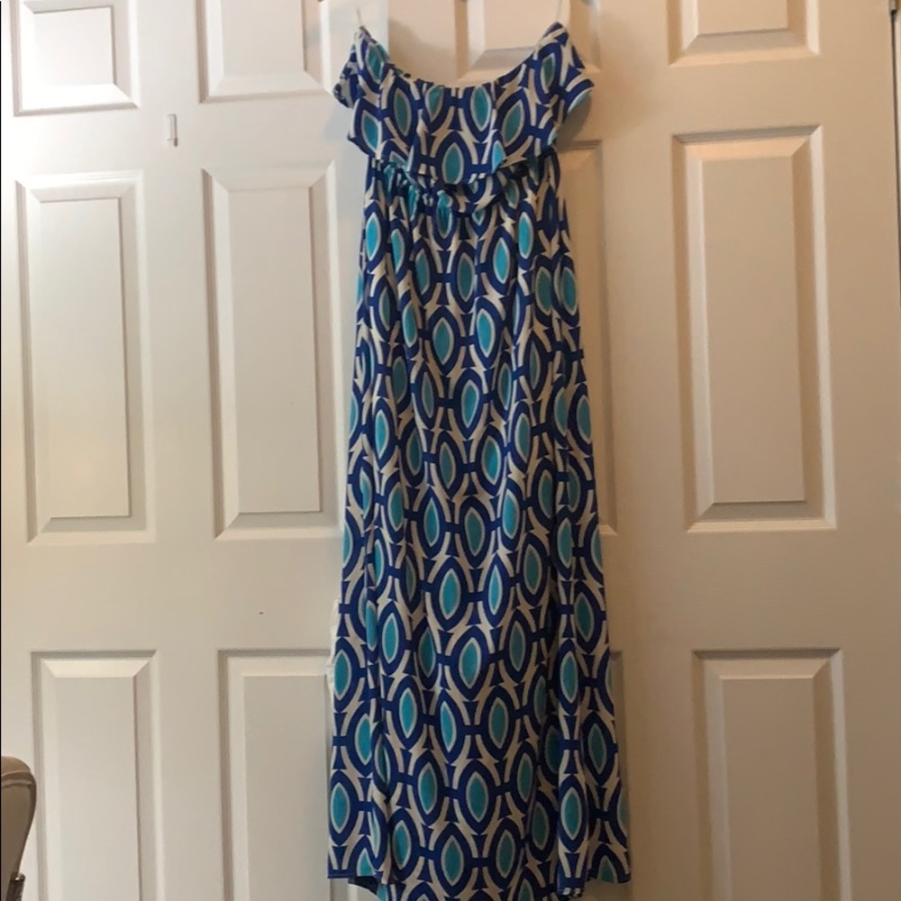 bright blue strapless maxi